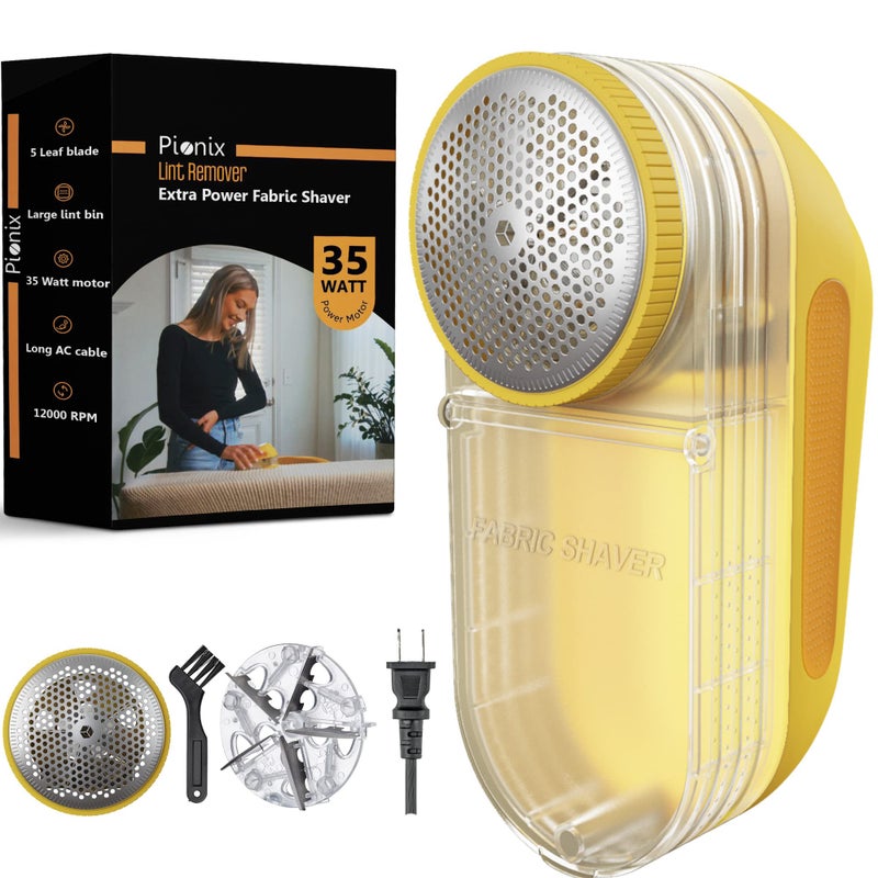 Pionix Extra Power Fabric Shaver - 35W Electric Lint Remover for Clothes/Upholstery/Furniture/Couch - Speed of 12000 RPM - Heavy Duty Sweater Shavers to Remove Pilling - Large Fuzz Remover Yellow - Image 1